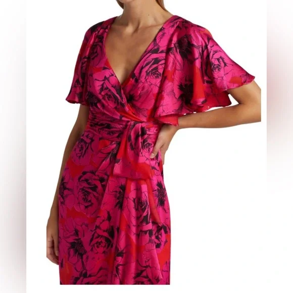 Theia Sadie Floral Satin Wrap Dress ,size 4 - Picture 4 of 7
